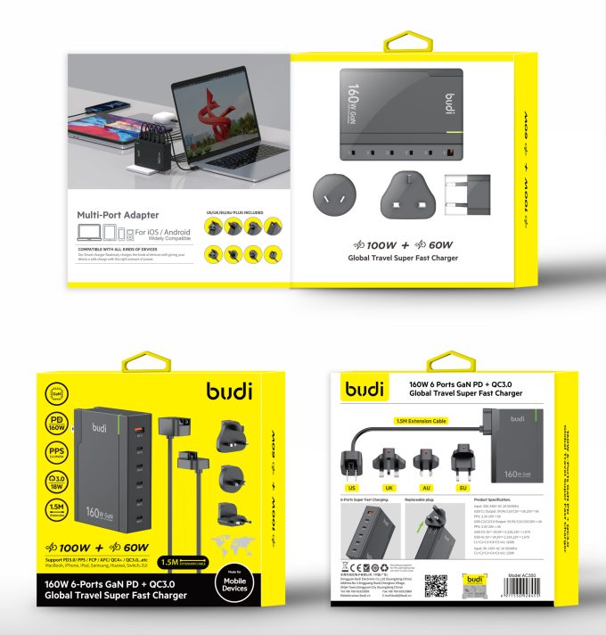budi AC350 6位160W GaN 氮化鎵高速充電器 (附延長線)：圖片 2