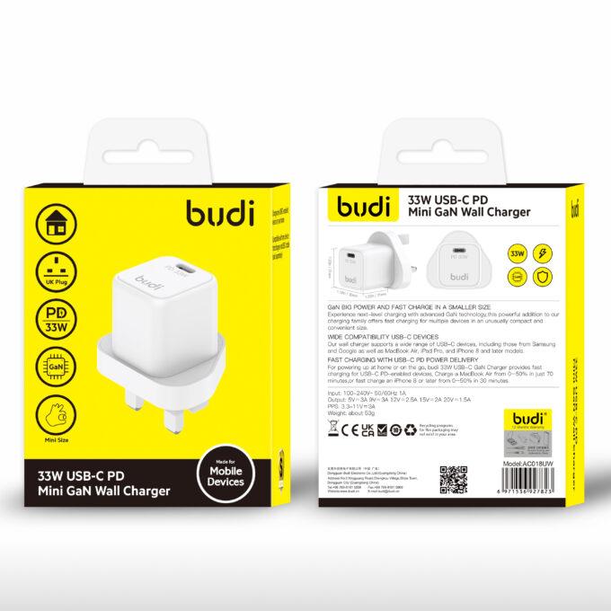 budi AC018UW 33W USB-C PD Mini GaN Wall Charger - Image 2