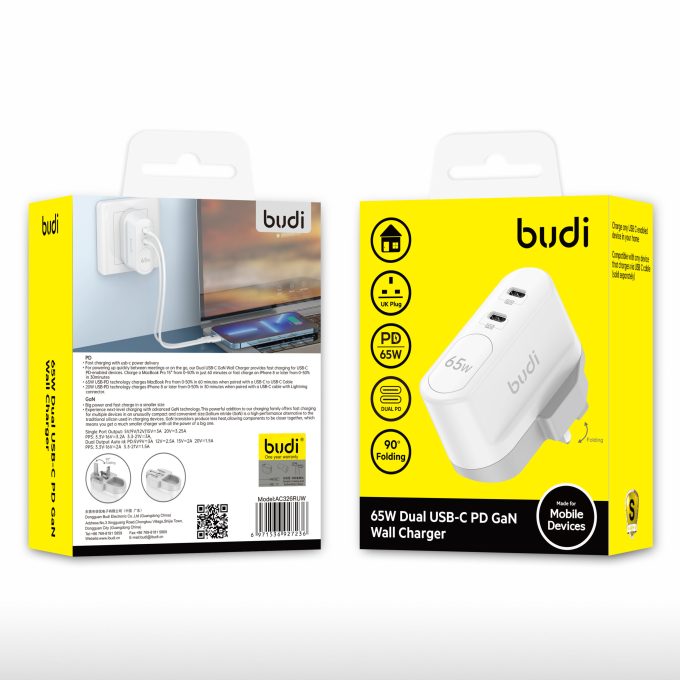 budi AC326RUW 2位 65W USB-C PD 氮化鎵 GaN 壁式高速充電器：圖片 2