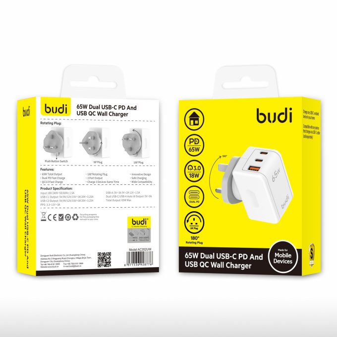 budi 3端口 65w PD3.0 & QC3.0 GaN快速充電器 AC352UW：圖片 2