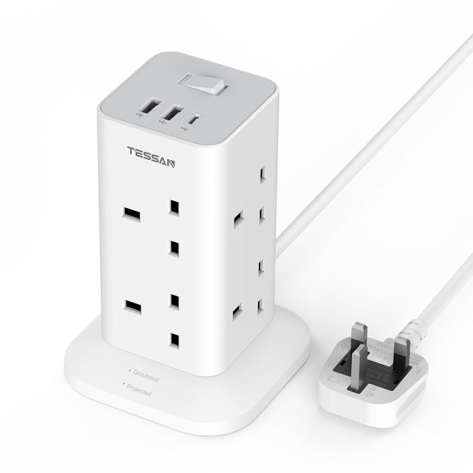 TESSAN 3端口USB+8位英規塔型拖板 2米線長 TPS03-UK-C：圖片 2