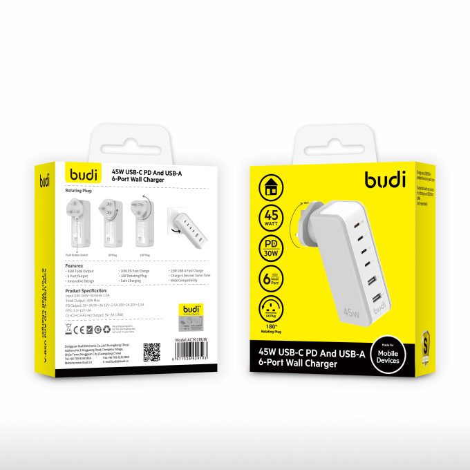 budi 6-port USB 45W PD rotary plug charger AC301RUW - Image 2