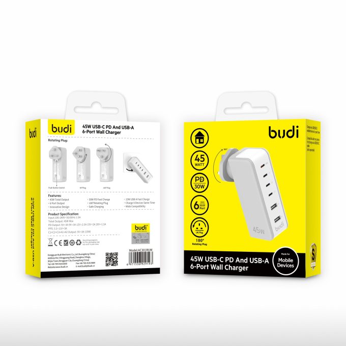 budi 6端口 USB 45W PD 旋式插頭充電器 AC301RUW：圖片 2