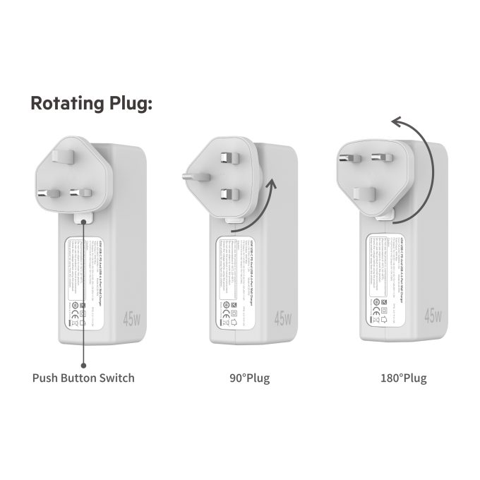 budi 6端口 USB 45W PD 旋式插頭充電器 AC301RUW：圖片 4