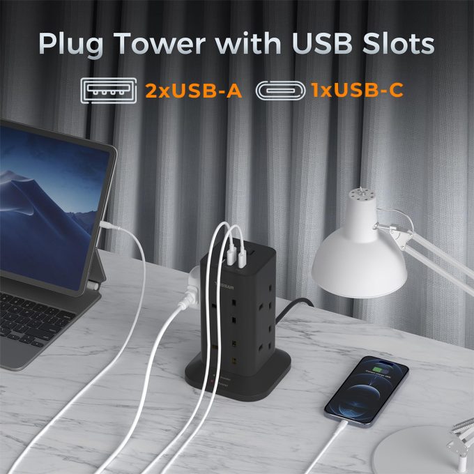 TESSAN 3 port USB and 8 AC port all in one UK tower extension - cable 2 meters long BLACK TPS03-UK-C-BK - Image 6