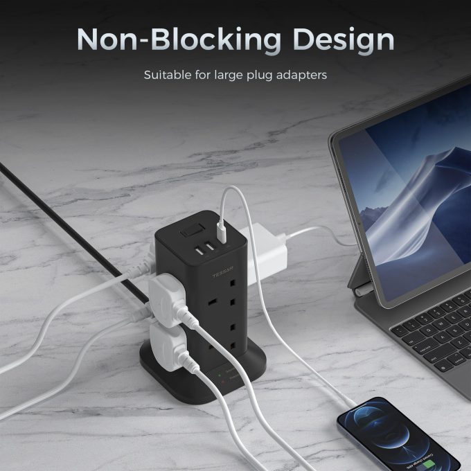 TESSAN 3 port USB and 8 AC port all in one UK tower extension - cable 2 meters long BLACK TPS03-UK-C-BK - Image 3