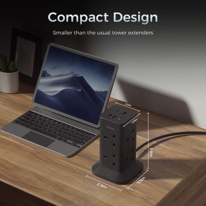 TESSAN 3 port USB and 8 AC port all in one UK tower extension - cable 2 meters long BLACK TPS03-UK-C-BK - Image 2