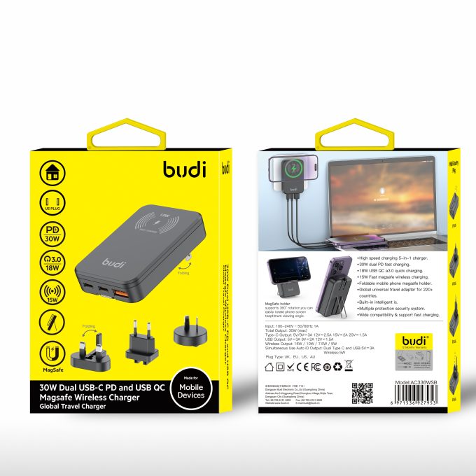 budi 3位 USB 五合一 無線PD QC 旅行快速充電器 AC336WSB：圖片 2