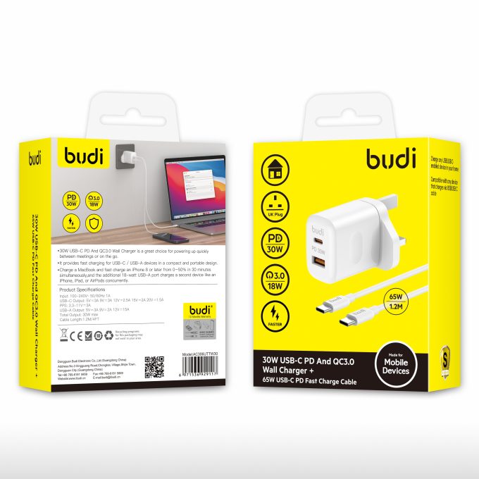 budi 2位USB PD30W PD QC 快速充電器附65WTYPE-C線套裝 AC306UTTW30：圖片 2