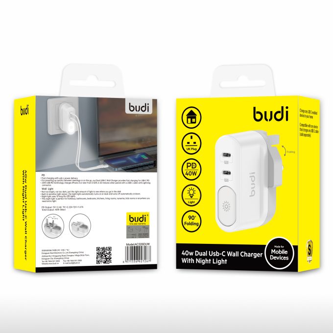 budi 2位 TYPE-C PD40W 夜燈二合一摺疊插頭快速充電器 AC326DUW：圖片 2