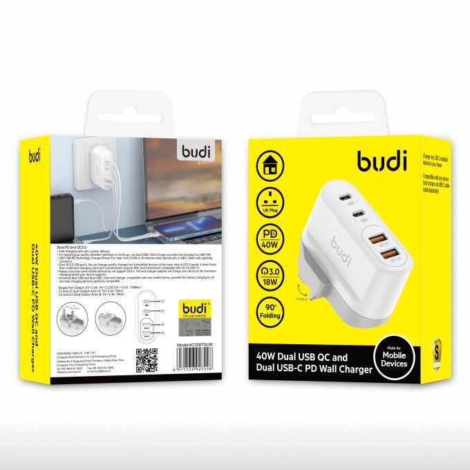 budi 4位 PD40W QC18W 摺疊插頭快速充電器 AC326TQUW：圖片 2