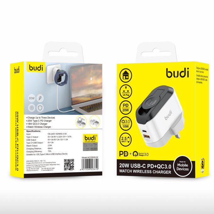 budi 2位USB 蘋果手錶 二合一 PD QC 快速充電器 AC330WUW：圖片 2