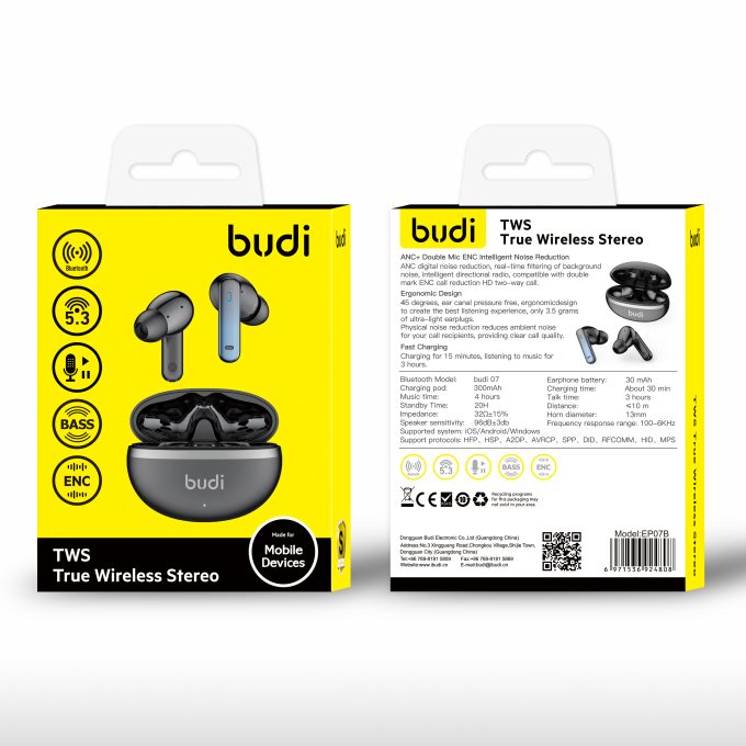 budi ANC+ENC Dual Microphone Noise Reduction True Wireless Bluetooth Headphones Black EP07B - Image 2