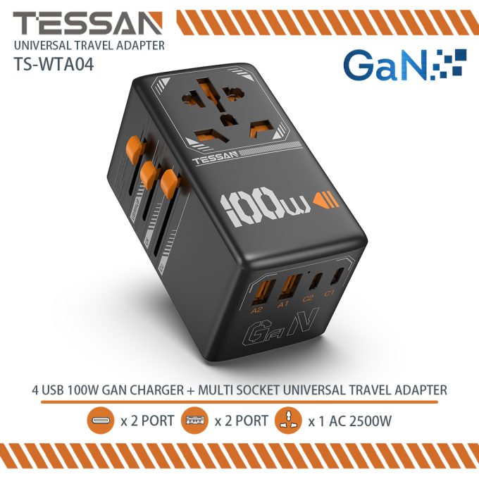 TESSAN 4端口 GAN 100W 通用旅行轉插 TS-WTA04