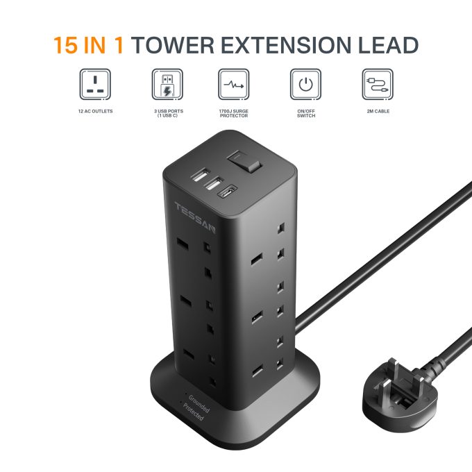 TESSAN 3端口USB+12位英規塔型拖板 2米線長 黑色 TPS04-UK-C-BK：圖片 2