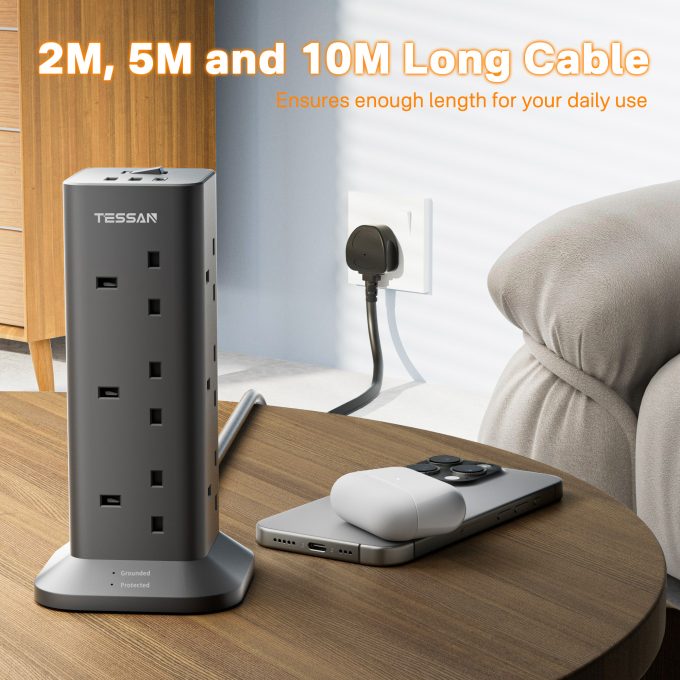 TESSAN 3端口USB+12位英規塔型拖板 2米線長 黑色 TPS04-UK-C-BK：圖片 3