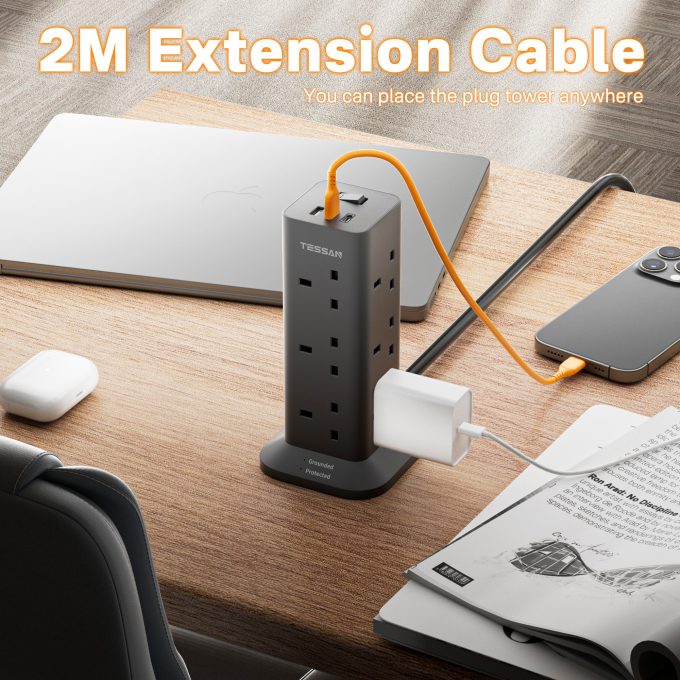 TESSAN 3端口USB+12位英規塔型拖板 2米線長 黑色 TPS04-UK-C-BK：圖片 4