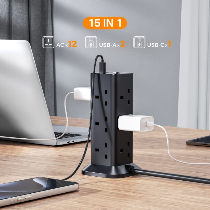 TESSAN 3端口USB+12位英規塔型拖板 2米線長 黑色 TPS04-UK-C-BK：圖片 5