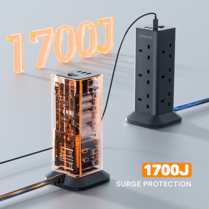 TESSAN 3端口USB+12位英規塔型拖板 2米線長 黑色 TPS04-UK-C-BK：圖片 6