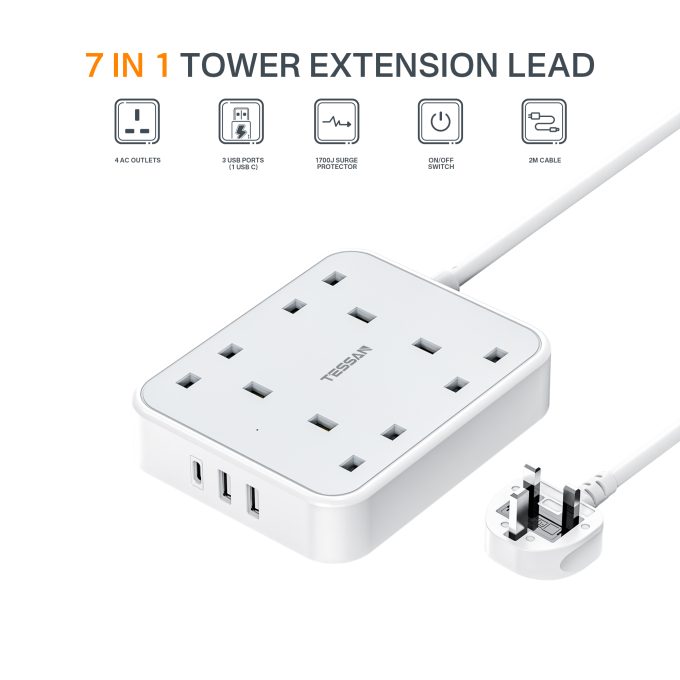 TESSAN 3端口USB+4位英規拖板 2米線長 TS-202-C：圖片 2
