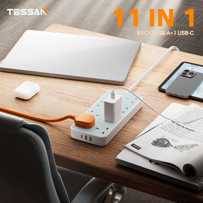 TESSAN 3端口USB+8位英規拖板 2米線長 TS-204-C：圖片 5