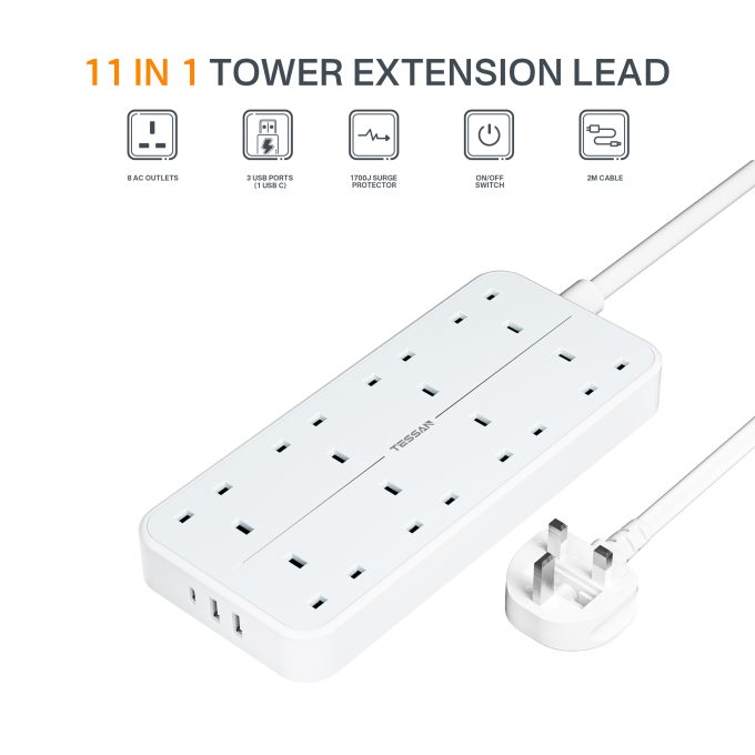 TESSAN 3端口USB+8位英規拖板 2米線長 TS-204-C：圖片 2