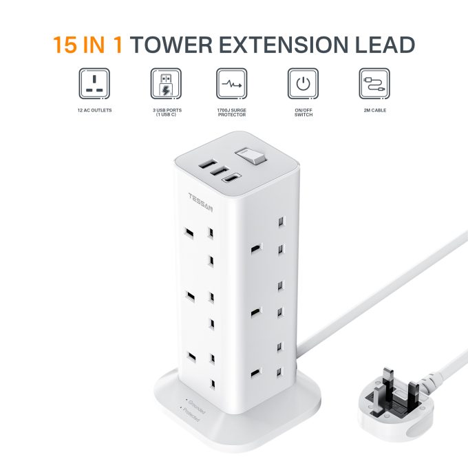 TESSAN 3端口USB+12位英規塔型拖板 2米線長 TPS04-UK-C：圖片 6
