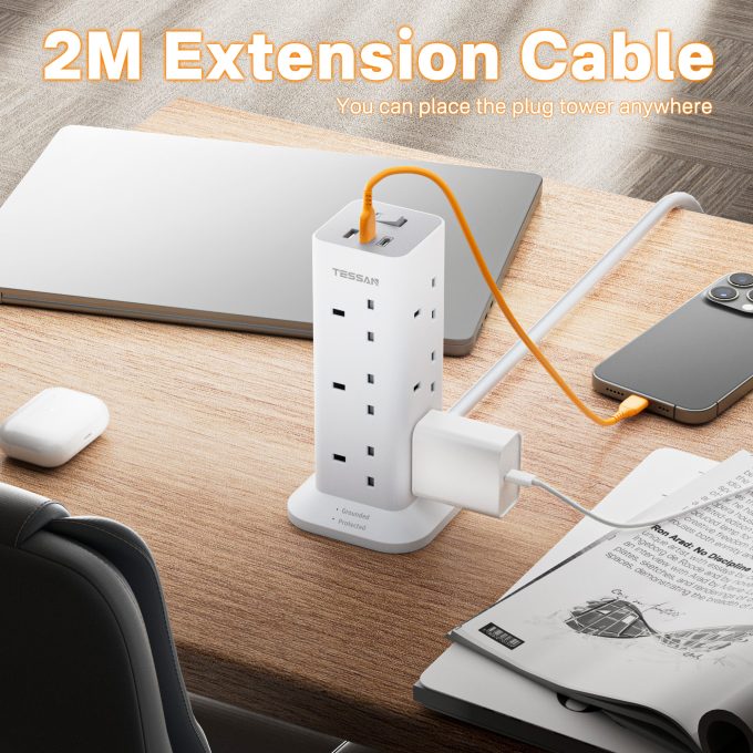 TESSAN 3端口USB+12位英規塔型拖板 2米線長 TPS04-UK-C：圖片 2