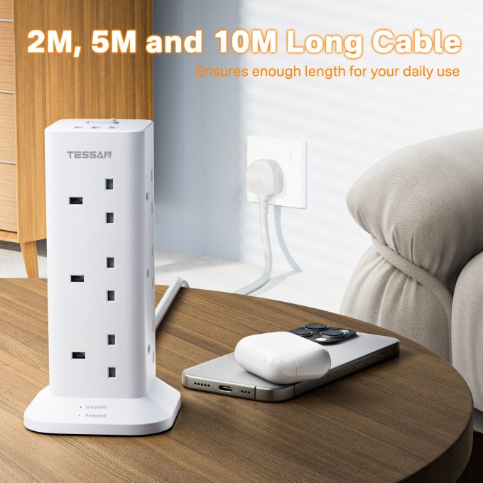 TESSAN 3端口USB+12位英規塔型拖板 2米線長 TPS04-UK-C：圖片 3