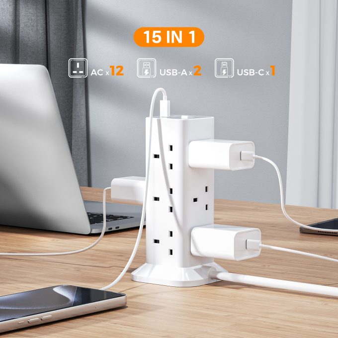TESSAN 3端口USB+12位英規塔型拖板 2米線長 TPS04-UK-C：圖片 4
