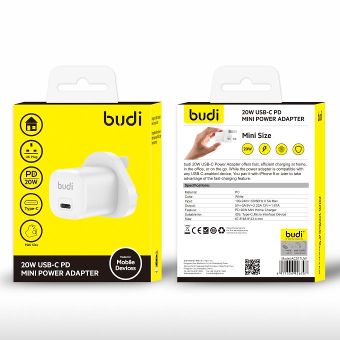 budi AC017UW 20W USB-C PD 迷你壁式充電器：圖片 2