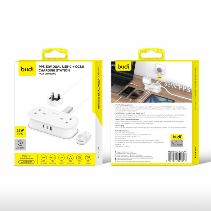 budi 2-Socket AC with 3-Port PD QC Fast Charging Power Strip AC303UW - Image 10