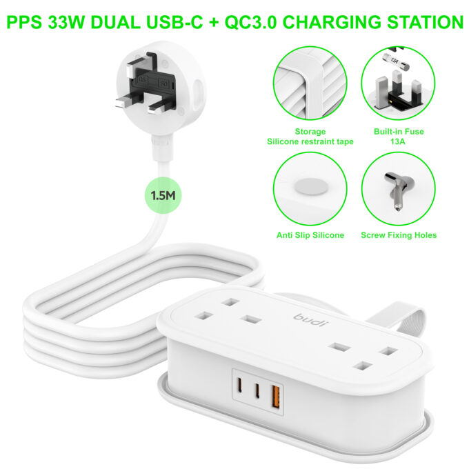 budi 2-Socket AC with 3-Port PD QC Fast Charging Power Strip AC303UW - Image 5