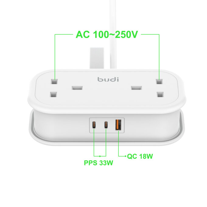 budi 2-Socket AC with 3-Port PD QC Fast Charging Power Strip AC303UW - Image 7