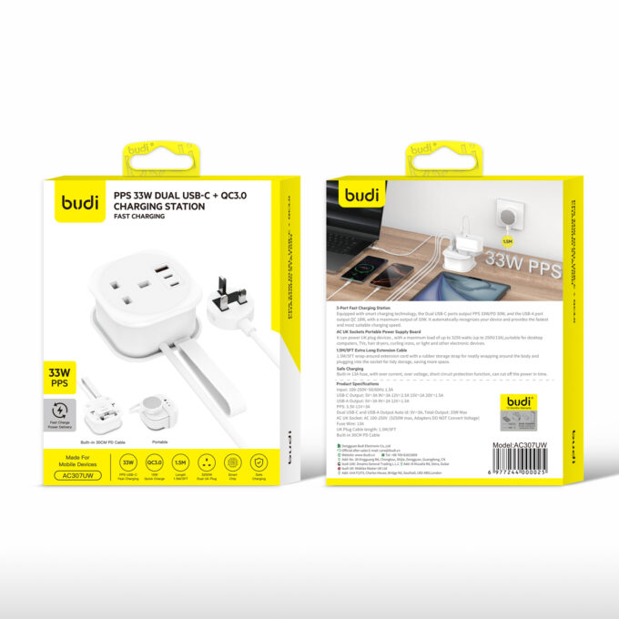 budi 1-Socket AC with 3-Port PD QC Fast Charging Power Strip AC307UW - Image 12